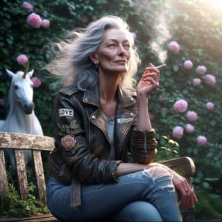 an older woman sitting on a bench smoking a cigarette