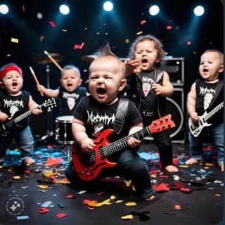 Eine Gruppe von Babys spielt mit Gitarren.