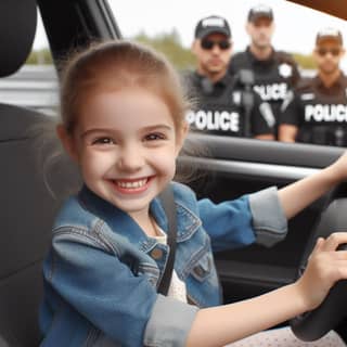 Uma menina pequena sentada no banco do motorista de um carro com policiais atrás dela.