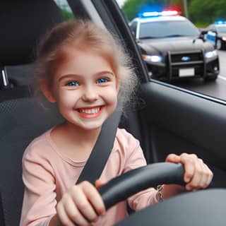 Una giovane ragazza guida felicemente un'auto.