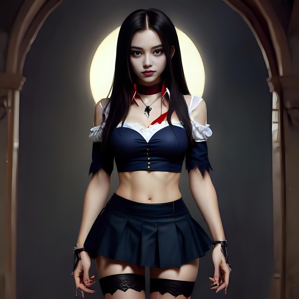 a sexy vampire girl in a black dress and stockings