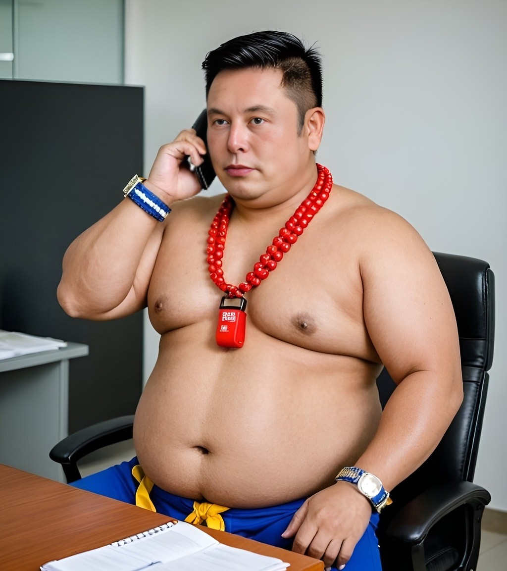 a fat man in a blue shirt talking on the phone