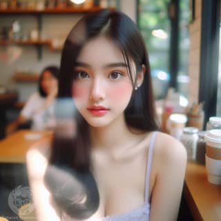 with long black hair and pink makeup
