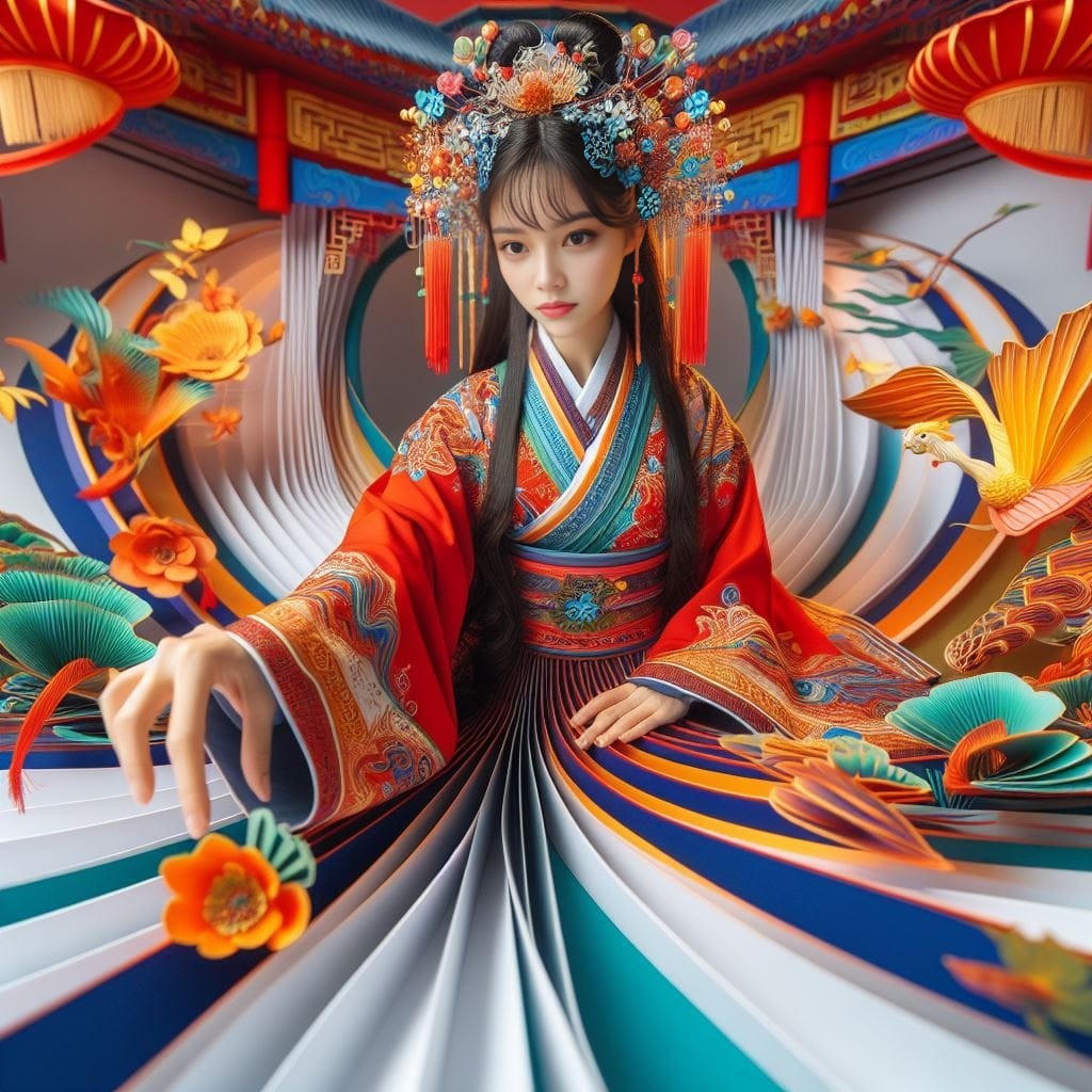 in a traditional oriental dress is surrounded by flowers