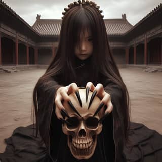 a girl in black holding a skull