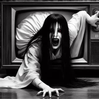 in a white dress with her head in front of an old tv