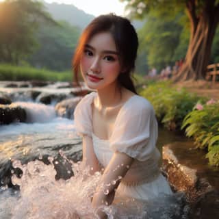 Una persona in un vestito bianco seduta nell'acqua.