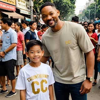 Seorang anak laki-laki berdiri di tengah jalan yang ramai.