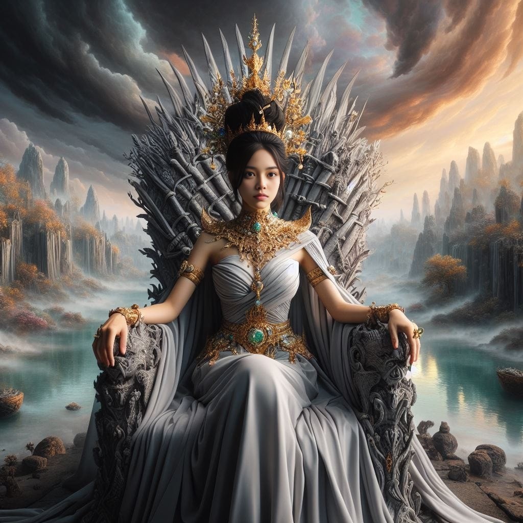 the woman sits on the iron throne