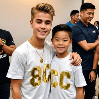 Dois meninos jovens com camisas combinando posando para uma foto.