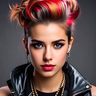 with bright red hair and a black leather jacket