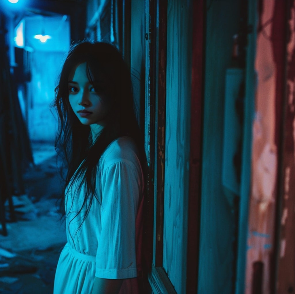 a girl in a dark alleyway