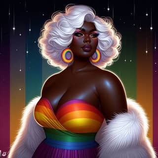 Una ilustración de una mujer negra en un vestido arcoíris.