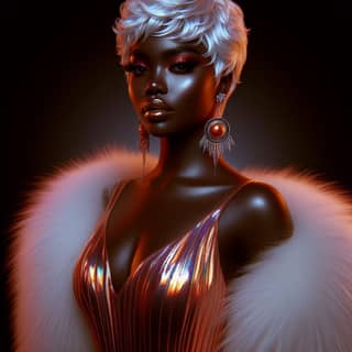 a black woman in a shiny dress and fur coat