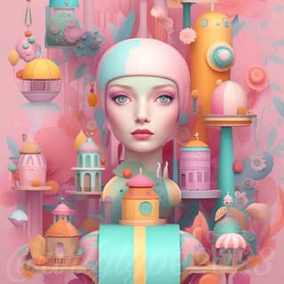 a girl with pink hair and pink clothes is surrounded by colorful objects