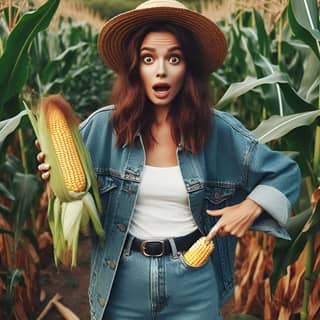 in a hat holding corn