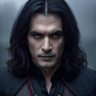 with long black hair and red eyes