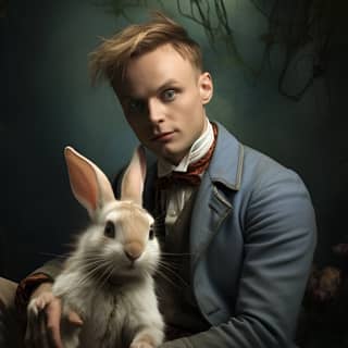 man and a rabbit, in a suit holding a rabbit