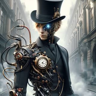 Homme steampunk en haut-de-forme et costume avec une horloge.