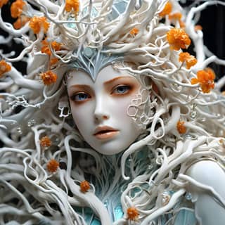 with white hair and flowers on her head