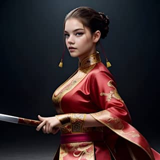 in an oriental costume holding a sword