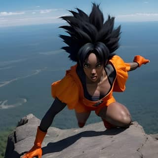 a black woman in an orange outfit on top of a mountain