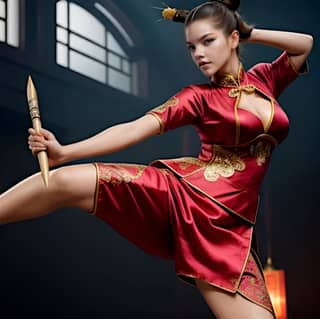 in a chinese dress doing a kick