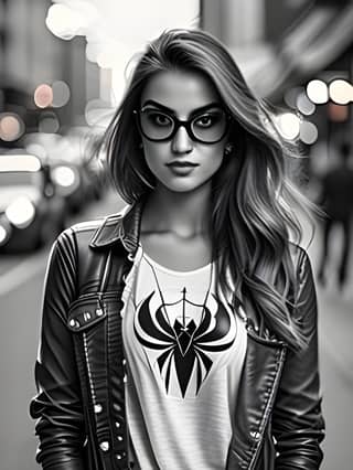 in glasses and a black and white photo