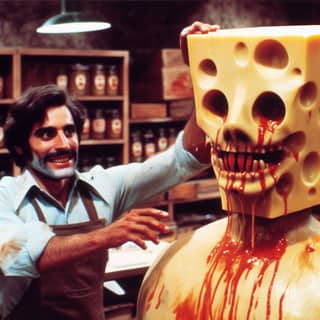 holding a cheese head in front of a cheese sculpture