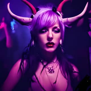 with horns and a purple wig
