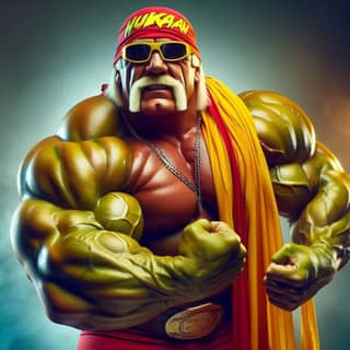 Hulk Hogan vestindo um cachecol amarelo e vermelho.