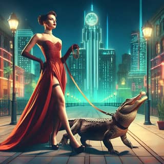 in a red dress and a crocodile