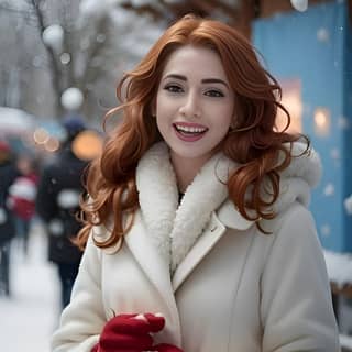 redhead woman in a white coat and red gloves