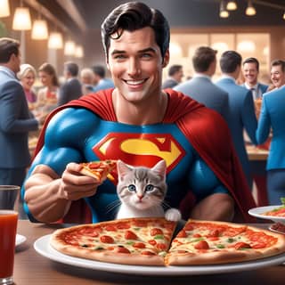 a superman cat is sitting on a table with a pizza