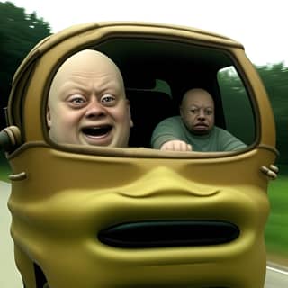 two men in a car with a smiley face