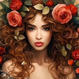 Женщина с красными розами в волосах.