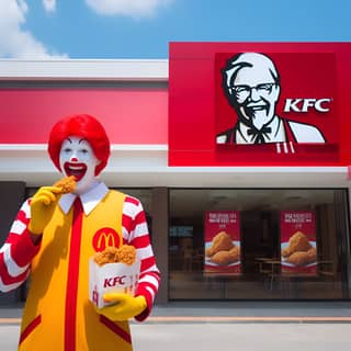 a clown dressed as ron stands in front of a kfc restaurant