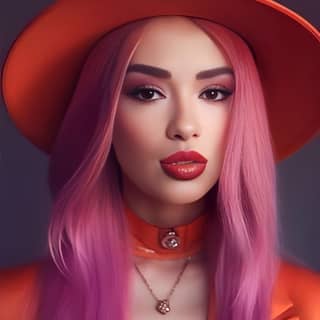 with long pink hair wearing an orange hat