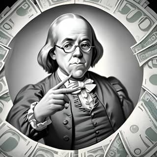 Ben Franklin rodeado de dinero.