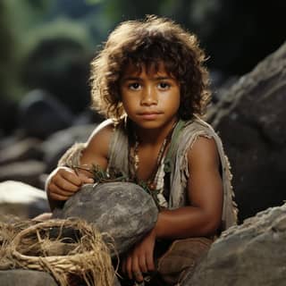 boy is sitting on a rock