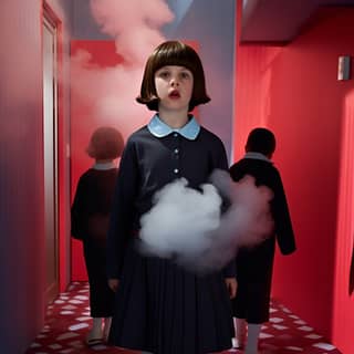 a girl in a school uniform standing in a room with smoke coming out of the walls