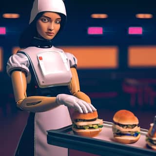 a robot is holding a tray with hamburgers