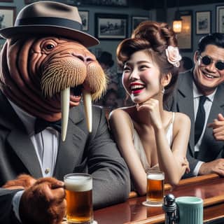 Seorang wanita duduk di bar bersama seekor walrus.