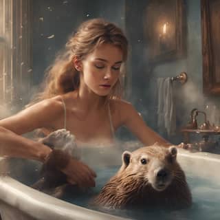 in a bathtub with a bear and a dog