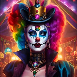 a clown with colorful makeup and a colorful hat