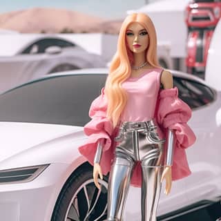 Uma boneca está ao lado de um carro Tesla.