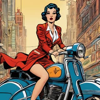 Femme en robe rouge sur une moto.