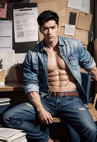 Um homem sem camisa sentado em uma cadeira vestindo jeans.