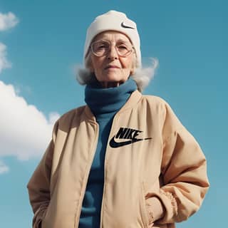 Una donna anziana con una bicicletta e un logo Nike.