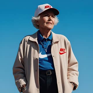 an older woman standing on a roof with the words just do it